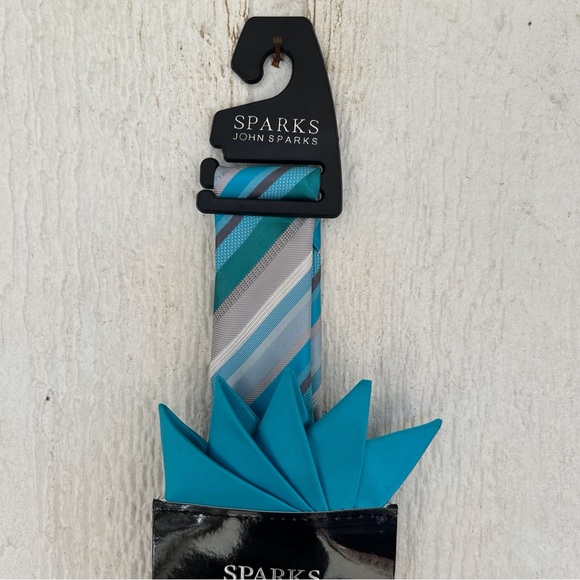 JOHN SPARKS MULTICOLORED STRIPED NECKTIE, POCKET SQUARE AND TIE CHAIN NWT - Picture 9 of 14